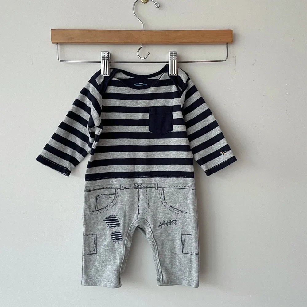 Truly Scrumptious | Grey Navy Striped Long Sleeve Playsuit Romper | 3 months